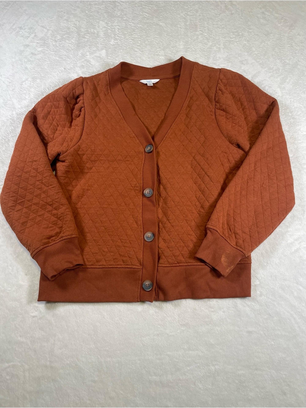 Time and Tru Rust Quilted Cardigan M Puff Sleeve Button Front Cottagecore - Picture 2 of 8